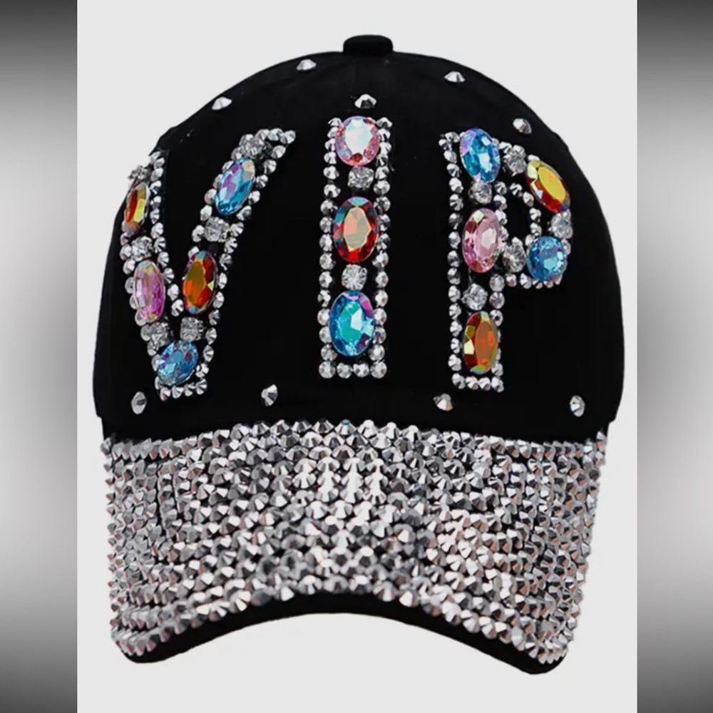 VIP Colorful Gem Bling Rhinestone Embellished Baseball Cap, Black - Picture 2 of 3